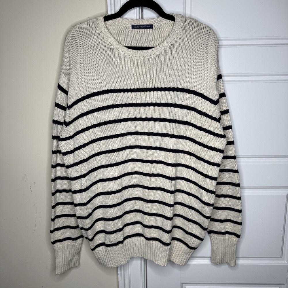 Brandy Melville Women's Blue White Stripe Crew Neck Pullover Sweater One Size